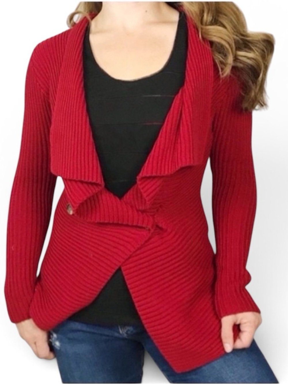 LAUREN RALPH LAUREN 100% cotton Red Chunky Ribbed Knit Cardigan women’s size 2X